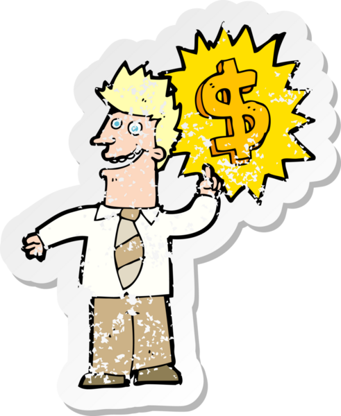 Bir insan tarafından çizilmiş para kazanma karikatürünün sıkıntılı retro yapıştırması