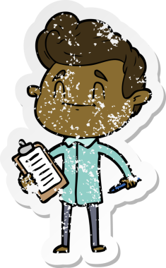 Bir insan tarafından çizilmiş kalem ve panosu olan mutlu bir karikatürcünün sıkıntılı çıkartması.