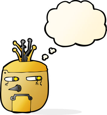 Bir insan tarafından çizilmiş düşünce baloncuklu robot kafası.