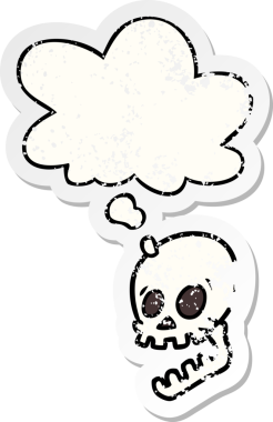 Gülen kafatası çizgi filmi. Düşünce baloncuklu. Üzüntülü bir çıkartma gibi.