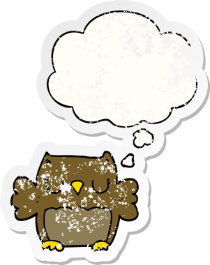 Düşünce baloncuğu olan sevimli çizgi film baykuşu bir insan tarafından çizilmiş yıpranmış bir çıkartma.