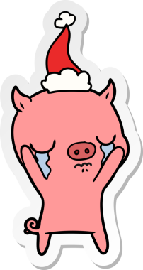 Bir insan tarafından çizilmiş Noel Baba şapkasıyla ağlayan bir domuzun el yazısı.
