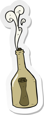 Bir insan tarafından çizilmiş bir şişenin içindeki karikatür etiketi.