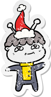 Arkadaş canlısı el, bir insan tarafından çizilmiş Noel Baba şapkası takan bir uzay adamının üzgün çıkartması.