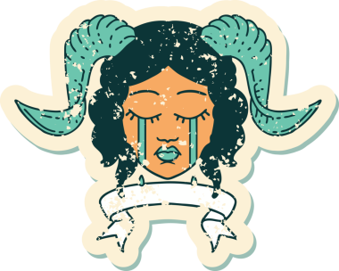 Retro Dövme Biçimi, bir insan tarafından çizilmiş kaydırma pankartıyla ağlayan karakter yüzü