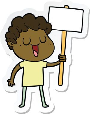 Bir insan tarafından çizilmiş siyah tabelalı, gülen bir karikatür adamın çıkartması.