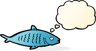 Bir insan tarafından çizilmiş düşünce baloncuklu çizgi film balığı.