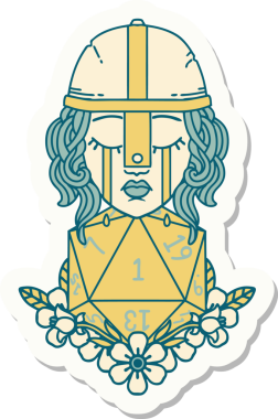 Ağlayan bir insan dövüşçüsünün çıkartması. Bir insan tarafından çizilmiş doğal bir D20 rulosu.