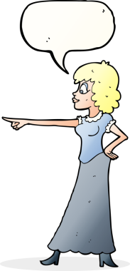 Bir insan tarafından çizilmiş konuşma balonuyla işaret eden çizgi film kadını.