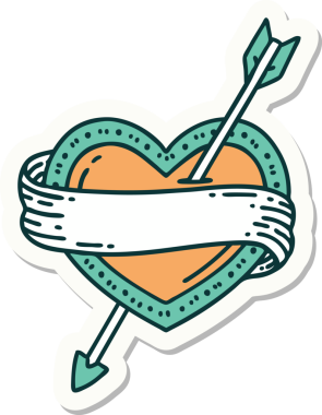 Bir insan tarafından çizilmiş ok kalp ve pankartın geleneksel stiliyle dövme çıkartması.