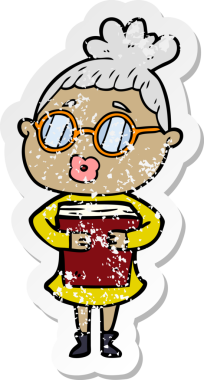 Bir insan tarafından çizilmiş gözlük takan çizgi film karakterli bir kadının sıkıntılı çıkartması.