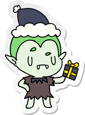 Bir insan tarafından çizilmiş kawaii vampirinin el çizimi Noel çıkartması.