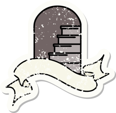 Bir insan tarafından çizilmiş basamaklara açılan kapı armalı eski bir etiket.