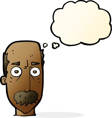 Bir insan tarafından çizilmiş düşünce baloncuklu bıyıklı çizgi film adamı.