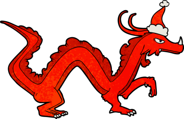 Bir insan tarafından çizilmiş Noel Baba şapkası takan bir ejderhanın el çizimi karikatürü.