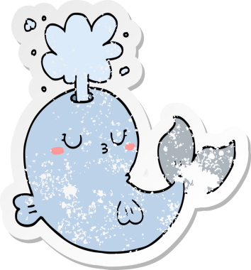 Bir insan tarafından çizilmiş su fışkırtan karikatür balinasının sıkıntılı etiketi.