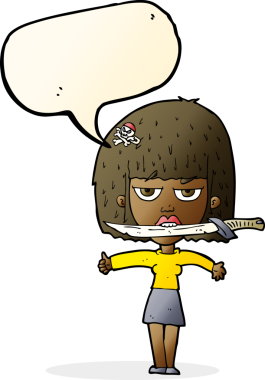 Bir insan tarafından çizilmiş konuşma baloncuğuyla dişlerinin arasında bıçak taşıyan çizgi film kadını.