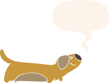 Konuşma baloncuğu olan bir insan tarafından çizilmiş bir çizgi film köpeği.