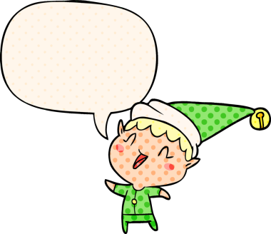 Çizgi roman tarzında bir insan tarafından çizilmiş bir konuşma balonuyla mutlu noel elfi