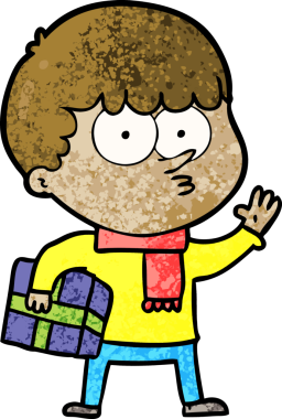 Çizgi film meraklısı çocuk bir insanın çizdiği hediyeyi taşıyor.