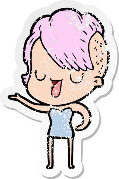 Hipster saç kesimi bir insan tarafından çizilmiş tatlı bir çizgi film kızına ait sıkıntılı bir etiket.