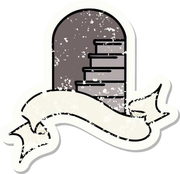 Bir insan tarafından çizilmiş basamaklara açılan kapı armalı eski bir etiket.