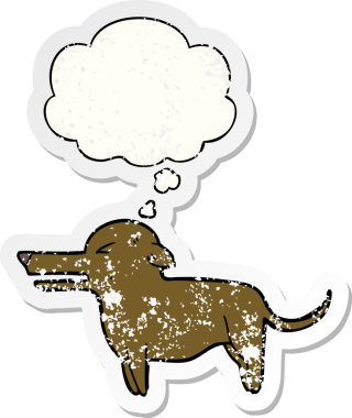 Düşünce baloncuğu olan çizgi film köpeği insan tarafından çizilmiş yıpranmış bir çıkartma gibi.