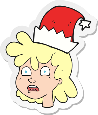 Bir insan tarafından çizilmiş Noel şapkası giyen bir karikatür kadının çıkartması.