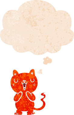 grunge 'da düşünce baloncuğu olan çizgi film kedisi bir insan tarafından çizilmiş dertli retro desenli