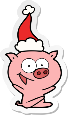 Neşeli, domuz eli. Bir insan tarafından çizilmiş Noel Baba şapkasının çıkartması.