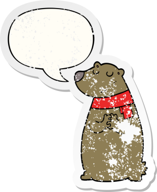 Bir insan tarafından çizilmiş, sıkıntılı, eski bir çıkartma olan, konuşma balonlu bir eşarp takan çizgi film ayısı.