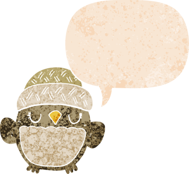 Şapkalı sevimli bir baykuş, grunge 'da konuşma baloncuğu olan sıkıntılı eski moda bir insan tarafından çizilmiş.