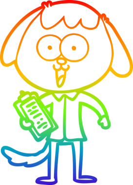 Gökkuşağı gradyan çizgisi. Bir insan tarafından çizilmiş ofis tişörtü giyen sevimli bir köpeğin çizimi.