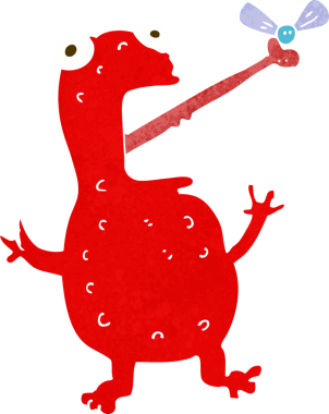 Bir insan tarafından çizilmiş zehirli kurbağa sineği yakalayan çizgi film.