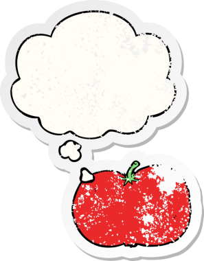 Düşünce baloncuklu çizgi film domatesleri insan tarafından çizilmiş yıpranmış bir çıkartma gibi.
