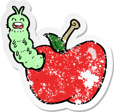 Bir insan tarafından çizilmiş elma yiyen bir çizgi film böceğinin gerilimli yapıştırması.