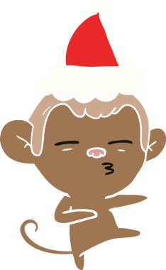 Bir insan tarafından çizilmiş Noel Baba şapkası giyen şüpheli bir maymunun el çizimi düz renk çizimi.