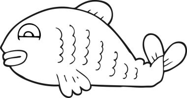 Bir insan tarafından çizilmiş siyah beyaz karikatür balığı.