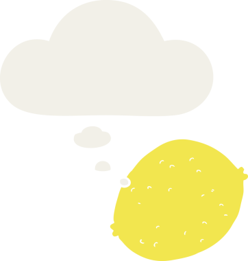 Düşünce baloncuklu karikatür limonu insan tarafından çizilmiş.