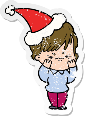 Bir insan tarafından çizilmiş Noel Baba şapkası giymiş hayal kırıklığına uğramış bir kadının el çizimi karikatürü.