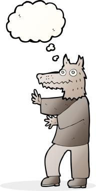 Bir insan tarafından çizilmiş düşünce balonu olan komik bir kurt adam.