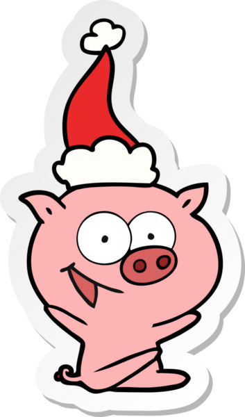 Neşeli, domuz eli. Bir insan tarafından çizilmiş Noel Baba şapkasının çıkartması.