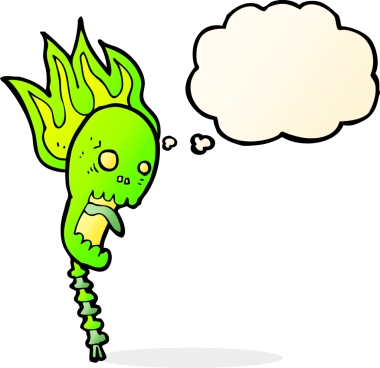 Bir insan tarafından çizilmiş düşünce baloncuklu ürkütücü bir kafatası.