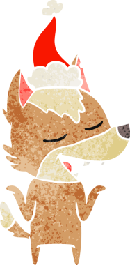 Bir insanın çizdiği Noel Baba şapkasıyla gülen bir kurdun el çizimi karikatürü.