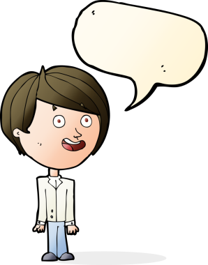 Bir insan tarafından çizilmiş konuşma balonuyla mutlu, şaşkın bir çocuk.