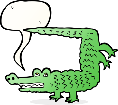 Bir insan tarafından çizilmiş konuşma balonlu çizgi film timsahı.