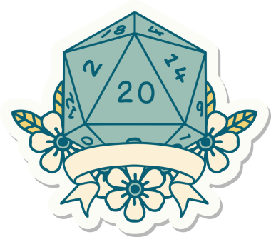 Bir insan tarafından çizilmiş 20 kritik vuruşluk D20 zar etiketi.