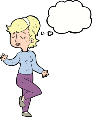 Bir insan tarafından çizilmiş düşünce balonlu çizgi film dansçısı kadın.