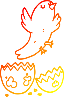 Bir insan tarafından çizilen yumurtadan çıkan çizgi film kuşunun sıcak gradyan çizgisi.