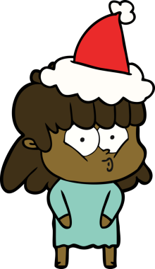 Bir insan tarafından çizilmiş Noel Baba şapkası giyen ıslık çalan bir kızın el çizimi.